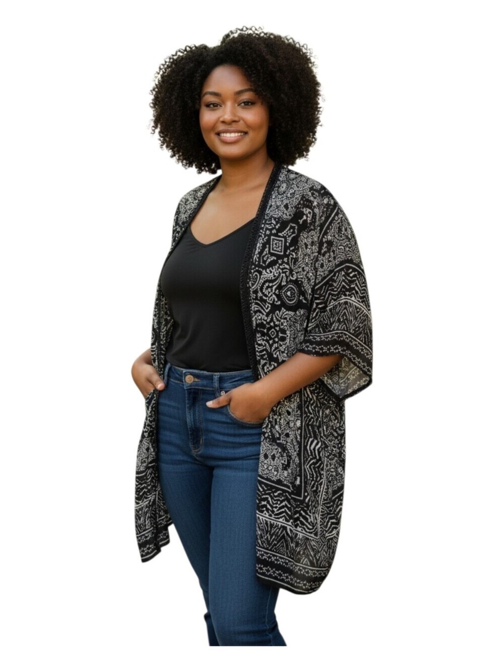 Bila Womens Boho Black Paisley Zebra Print Lightweight Festival Kimono M/L